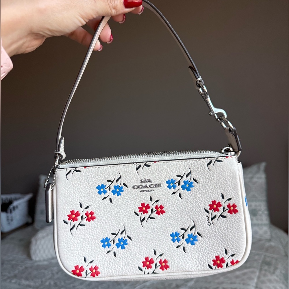 Coach White Floral Leather Wristlet with Red & Blue Flowers